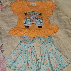 Orange Ruffle Top and Floral Bell Bottom Set- Bunny Rabbit- Easter